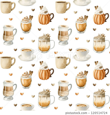 Coffee Latte Macchiato, Pumpkin Spice Dalgona Coffee and other autumn hot beverage. Watercolor food seamless pattern on white background for cozy kitchen textile, delicious fabric, fall wrapping paper 120514724