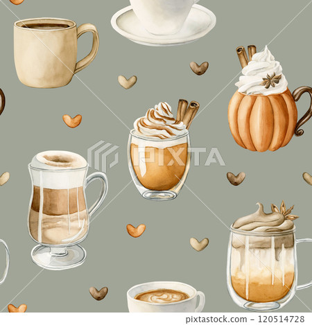 Coffee Latte Macchiato, Pumpkin Spice Dalgona Coffee and other autumn hot beverage. Watercolor food seamless pattern on sage grey blue green background for kitchen textile, fabric, fall wrapping paper 120514728