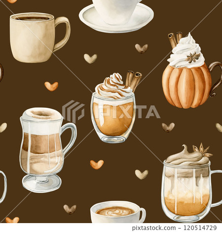 Coffee Latte Macchiato, Pumpkin Spice Dalgona Coffee and other autumn hot beverage. Watercolor food seamless pattern on dark brown background for cozy kitchen textile, fabric, fall wrapping paper 120514729