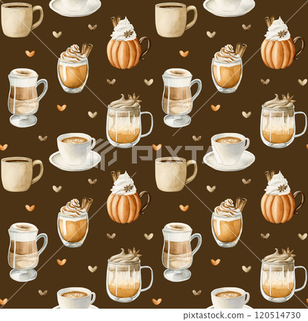 Coffee Latte Macchiato, Pumpkin Spice Dalgona Coffee and other autumn hot beverage. Watercolor food seamless pattern on dark brown background for cozy kitchen textile, fabric, fall wrapping paper 120514730
