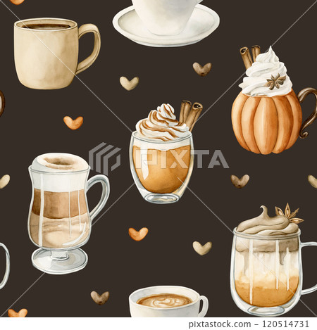 Coffee Latte Macchiato, Pumpkin Spice Dalgona Coffee and other autumn hot beverage. Watercolor food seamless pattern on dark background for cozy kitchen textile, delicious fabric, fall wrapping paper 120514731