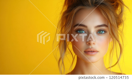 A woman with her hair up standing against a yellow background A woman with her hair up standing against a yellow background 120514735