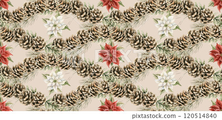 Poinsettia with Pine Cones. Watercolor seamless pattern on beige background with white and red winter flowers and pinecones for Christmas design, winter textile, holiday wrapping paper, cozy cards Poinsettia with Pine Cones. Watercolor seamless pattern on beige background with white and red winter flowers and pinecones for Christmas design, winter textile, holiday wrapping paper, cozy cards 120514840