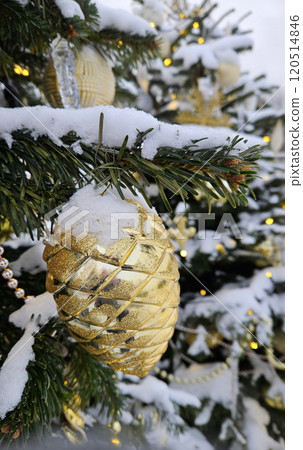 Branches of Christmas tree with beautiful decorations and covered with snow 120514846