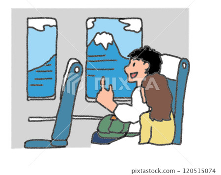 Illustration of a person looking at the scenery from a Shinkansen train in pencil style 120515074
