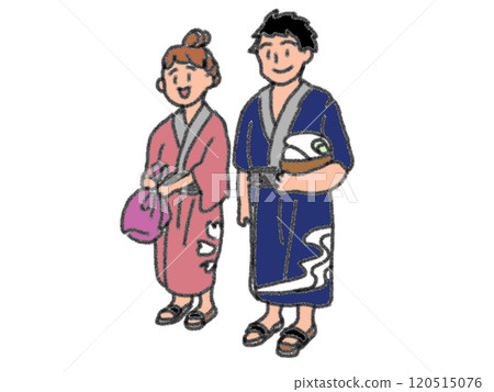 Illustration of a person wearing a yukata at an inn in pencil drawing style 120515076