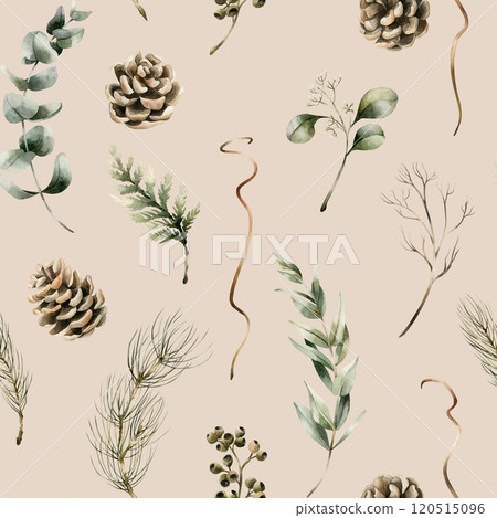Pine cones, Eucalyptus and Coniferous branches. Winter forest plants. Watercolor floral seamless pattern on beige background for winter design, Christmas wrapping paper, holiday home textile, fabric 120515096