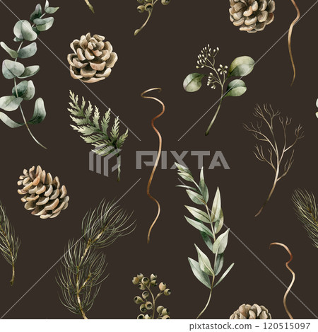 Pine cones, Eucalyptus and Coniferous branches. Winter forest plants. Watercolor floral seamless pattern on dark background for winter design, Christmas wrapping paper, holiday home textile, fabric 120515097