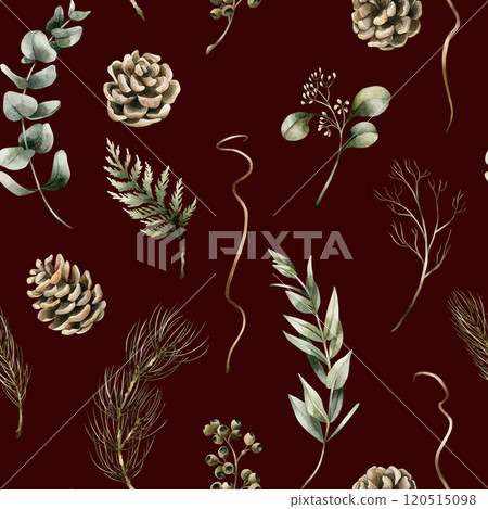 Pine cones, Eucalyptus and Coniferous branches. Winter forest. Watercolor floral seamless pattern on dark burgundy background for winter design, Christmas wrapping paper, holiday home textile, fabric 120515098