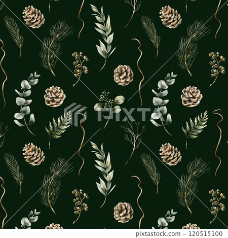 Pine cones, Eucalyptus and Coniferous branches. Winter forest. Watercolor floral seamless pattern on dark green background for winter design, Christmas wrapping paper, holiday home textile, fabric 120515100
