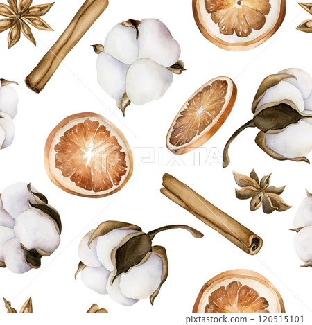 Cotton, orange slices, cinnamon sticks and anise stars. Watercolor floral seamless pattern on white background for winter design, Christmas wrapping paper, home textile, holiday fabric, polygraphy 120515101