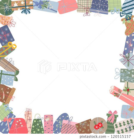 Christmas gifts festive square frame of boxes wrapped in colorful paper with ribbons, symbolizing joy and tradition. Perfect for holiday design, New Year themes, winter celebration decor 120515157