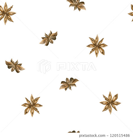 Anise stars. Watercolor minimalistic, easy, simple seamless pattern on white background for fall or winter design, cozy kitchen textile, delicious fabric, food wrapping paper, Christmas holiday cards Anise stars. Watercolor minimalistic, easy, simple seamless pattern on white background for fall or winter design, cozy kitchen textile, delicious fabric, food wrapping paper, Christmas holiday cards 120515486