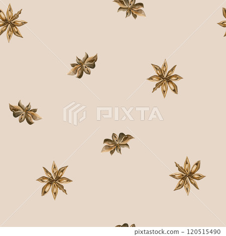 Anise stars. Watercolor minimalistic, easy, simple seamless pattern on beige background for fall or winter design, cozy kitchen textile, delicious fabric, food wrapping paper, Christmas holiday cards Anise stars. Watercolor minimalistic, easy, simple seamless pattern on beige background for fall or winter design, cozy kitchen textile, delicious fabric, food wrapping paper, Christmas holiday cards 120515490
