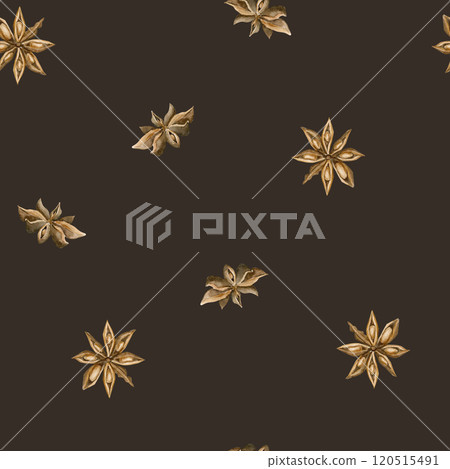 Anise stars. Watercolor minimalistic, easy, simple seamless pattern on dark background for fall or winter design, cozy kitchen textile, delicious fabric, food wrapping paper, Christmas holiday cards 120515491