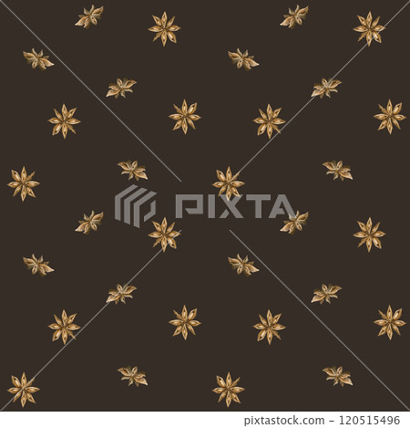 Anise stars. Watercolor minimalistic, easy, simple seamless pattern on dark background for fall or winter design, cozy kitchen textile, delicious fabric, food wrapping paper, Christmas holiday cards 120515496