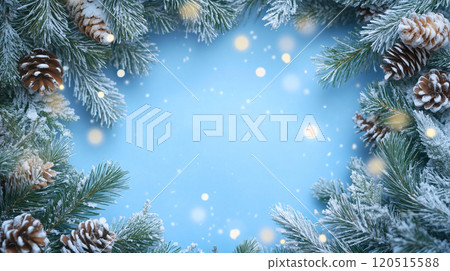 Snow and pine cones on blue background 120515588