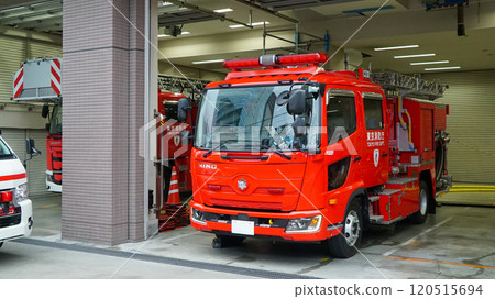 A fire truck parked at an emergency 119 center in Japan 120515694