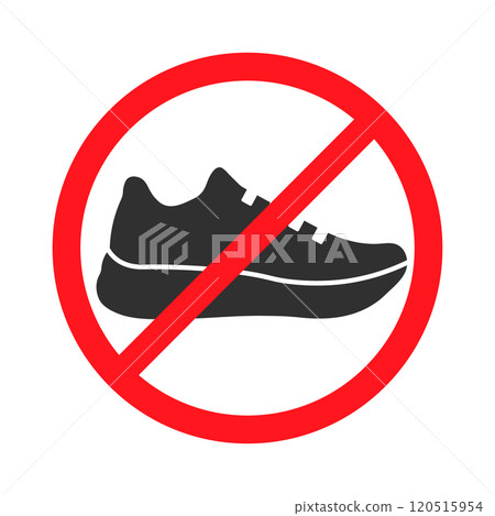 No shoes icon symbol. Shoes not allowed, remove footwear sign logo. Prohibition, prohibited, forbid. Vector illustration. Isolated on white background. No shoes icon symbol. Shoes not allowed, remove footwear sign logo. Prohibition, prohibited, forbid. Vector illustration. Isolated on white background. 120515954
