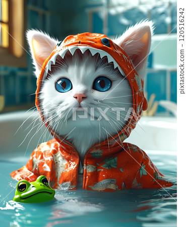 A kitten dressed as a shark relaxing in the hot spring at a ryokan 120516242