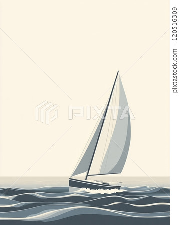 A sleek sailboat navigates smooth, gentle waves, creating a peaceful atmosphere that highlights the joy of sailing on calm waters. Generative AI 120516309