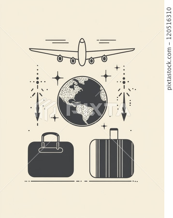 This artwork combines a globe, an airplane in flight, and suitcases, symbolizing the excitement of international travel and exploration. Generative AI This artwork combines a globe, an airplane in flight, and suitcases, symbolizing the excitement of international travel and exploration. Generative AI 120516310