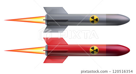 An atomic bomb and weapon rocket isolated on a white background. Greey and red nuclear weapon with fire from the nozzle and radiation icon, vector illustration. 120516354