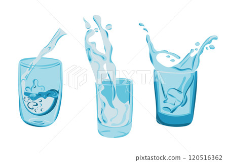 Three water glasses with dynamic splashes 120516362