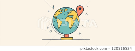 A stylish globe displays continents with a striking location pin, inviting explorers to discover new destinations with curiosity. Generative AI 120516524