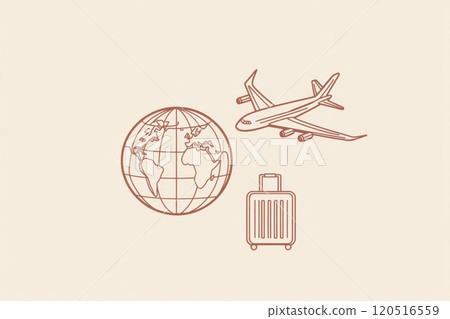 The image showcases a globe alongside an airplane in mid-flight and a suitcase, symbolizing the journey of international travel. Generative AI 120516559