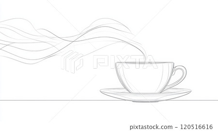 The drawing features a tea cup with flowing steam lines, showcasing a minimalist and elegant design centered on warmth and comfort. Generative AI 120516616