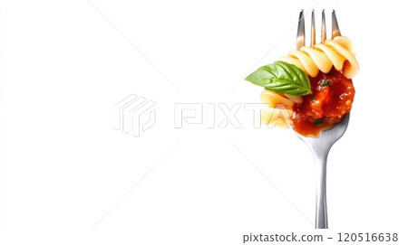 Delicious Italian pasta is elegantly twirled on a metal fork, adorned with vibrant tomato sauce and a fresh basil leaf. Generative AI 120516638