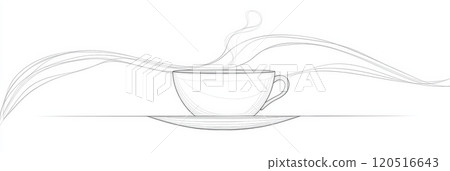 A simple continuous line design illustrates a tea cup with gentle steam wafting upward, evoking a sense of warmth and relaxation. Generative AI 120516643