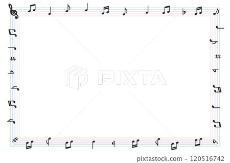 A square colorful music sheet frame decorated with black wooden musical notes 120516742