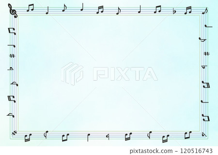 A square colorful music staves frame made of black wooden music on a refreshing light blue background 120516743