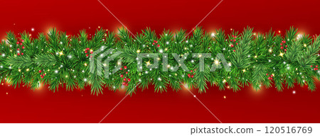Christmas garland with green fir, glowing lights. New Year luxury red background with realistic pine tree branches, magic gold glitter, stars. Festive party banner with fairy bulb.Vector illustration Christmas garland with green fir, glowing lights. New Year luxury red background with realistic pine tree branches, magic gold glitter, stars. Festive party banner with fairy bulb.Vector illustration 120516769