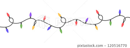 Christmas bright color lights on white background. Colorful garland frame. Led neon lamp for Xmas card, banner, poster, web. decoration. New Year luxury border. Fairy bulb. Vector illustration 120516770