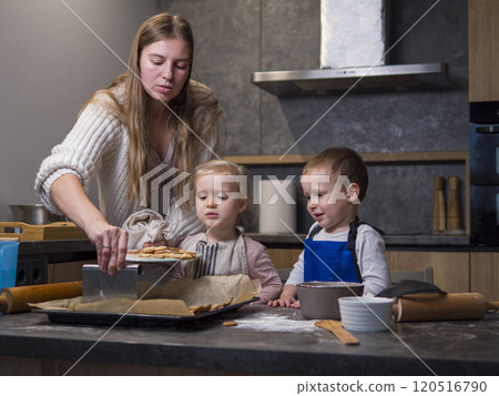 Mom transfers warm baked cookies from a baking sheet with a spatula, while her two toddlers eagerly watch in modern kitchen. Freshly baked cookies fill the air, making baked cookies delight for all. Mom transfers warm baked cookies from a baking sheet with a spatula, while her two toddlers eagerly watch in modern kitchen. Freshly baked cookies fill the air, making baked cookies delight for all. 120516790