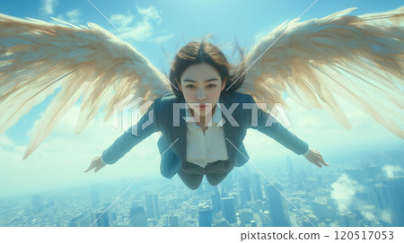 A woman in a suit flying in the sky A woman in a suit flying in the sky 120517053
