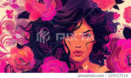 A woman who has long black hair is surrounded by beautiful pink flowers. AI-generated content. A woman who has long black hair is surrounded by beautiful pink flowers. AI-generated content. 120517114