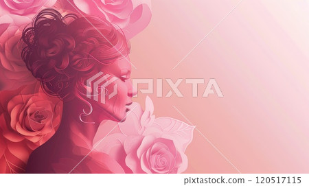 A woman is surrounded by pink roses on a lovely pink background. AI-generated content. A woman is surrounded by pink roses on a lovely pink background. AI-generated content. 120517115