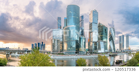 High buildings of Moscow-City at Moskva River at summer sunset, Russia. 120517336