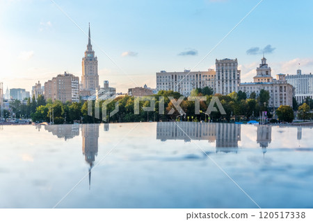 View of Berezhkovskaya Embankment in Moscow with reflection on a mirror stone surface View of Berezhkovskaya Embankment in Moscow with reflection on a mirror stone surface 120517338