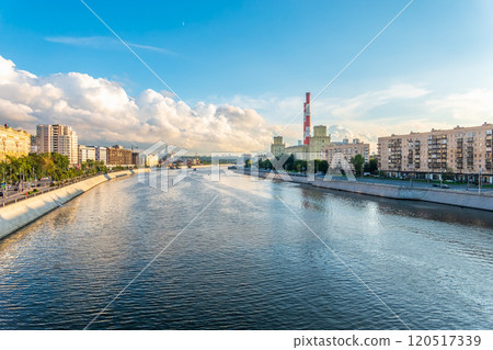 View of Berezhkovskaya Embankment in Moscow with reflection on a mirror stone surface View of Berezhkovskaya Embankment in Moscow with reflection on a mirror stone surface 120517339