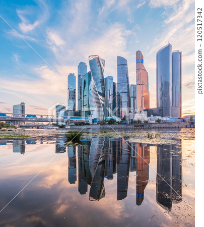 High buildings of Moscow-City at Moskva River at summer sunset, Russia. 120517342