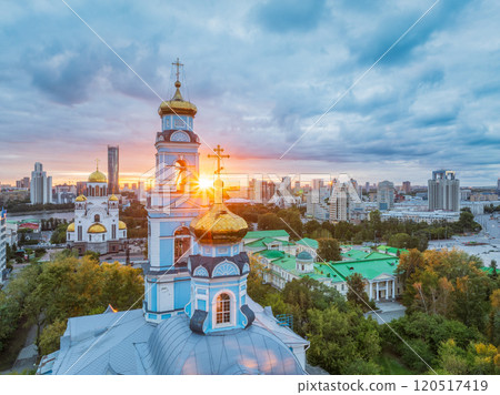 Summer Yekaterinburg, Temple of the Ascension and Temple on Blood in beautiful clear sunset. 120517419