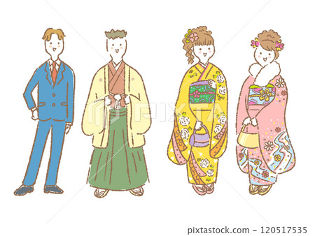 Hand-drawn illustration of men and women for coming-of-age ceremony 120517535