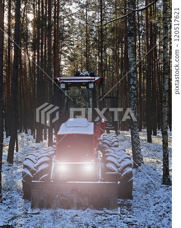 Abandoned combine harvest in forest with lighted main lights between trees. Abandoned combine harvest in forest with lighted main lights between trees. 120517621