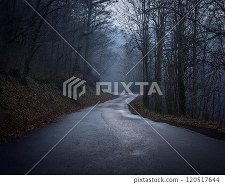 A dark and eerie winding road leading deep into the mountains AI-generated image 120517644