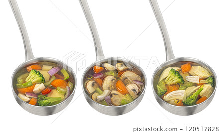 Ladle with soup isolated, mushroom, chicken and vegetable broth on white background, full depth of field, package design element Ladle with soup isolated, mushroom, chicken and vegetable broth on white background, full depth of field, package design element 120517828